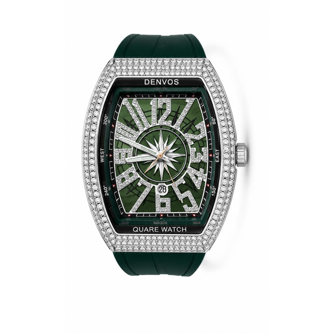 Emerald Royal Tonneau Watch — green diamond-style case, green strap