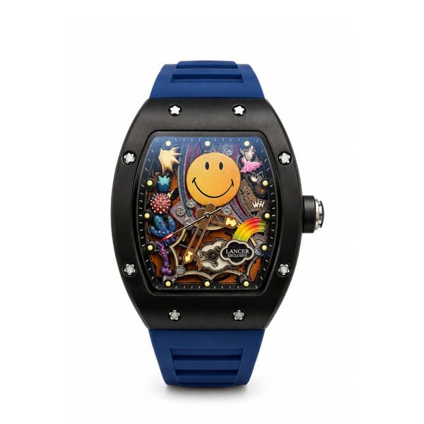 Lancer Smiley Skeleton Watch — black case, blue strap, colorful smiley dial