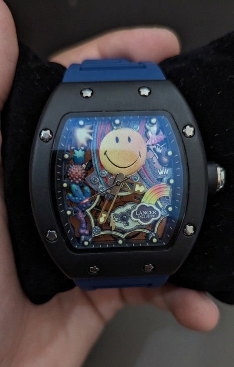 Lancer Smiley Skeleton Watch — black case, blue strap, colorful smiley dial