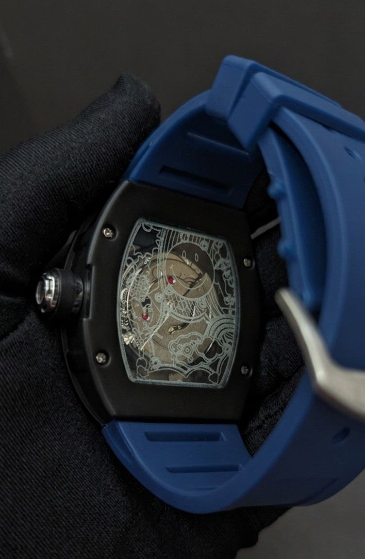 Lancer Smiley Skeleton Watch — black case, blue strap, colorful smiley dial