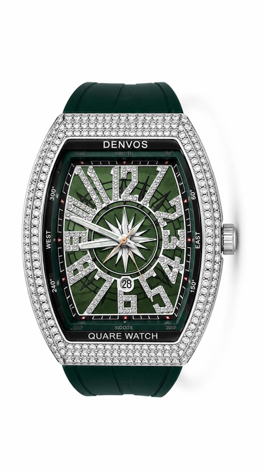 Emerald Royal Tonneau Watch — green diamond-style case, green strap