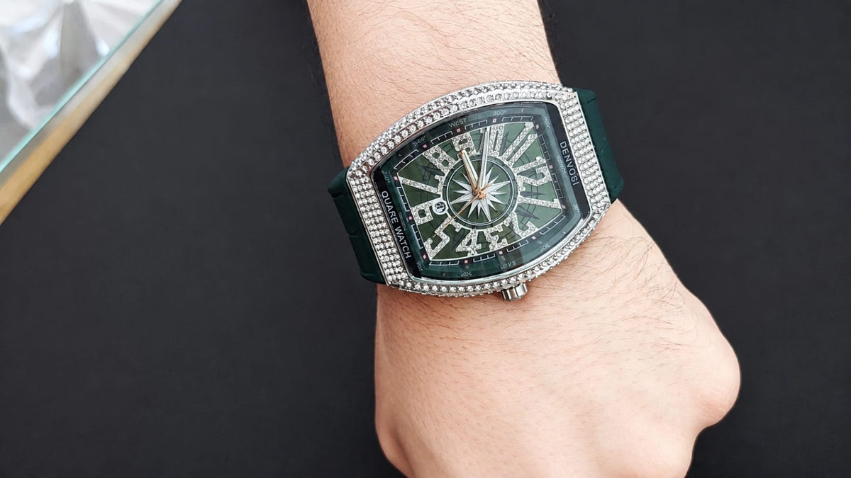 Emerald Royal Tonneau Watch — green diamond-style case, green strap